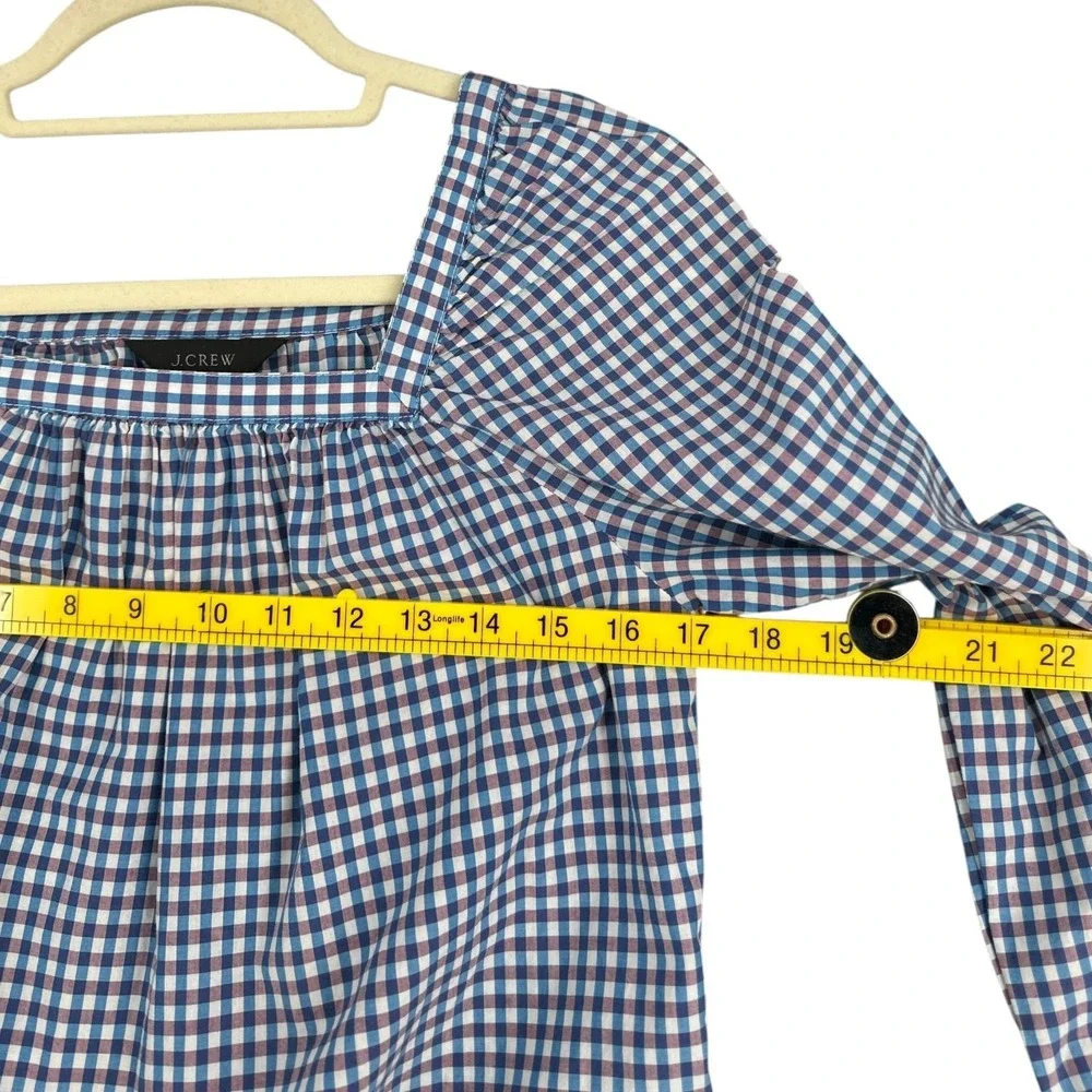 J. Crew Gingham Square Neck Long Sleeve‎ Peasant Blouse Size 2 Blue White